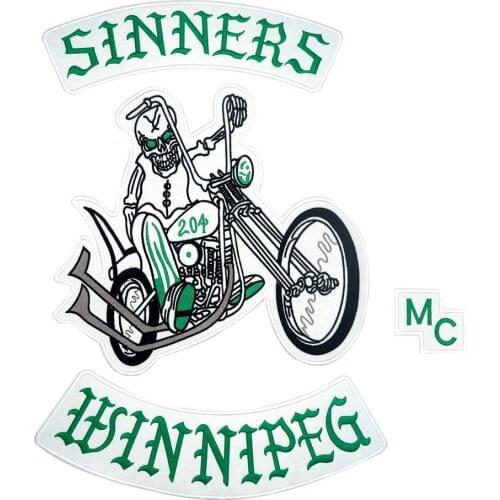 Large SINNERS IUINNIPEG MC biker Patch iron on BACKING Embroidered for clothing jeans