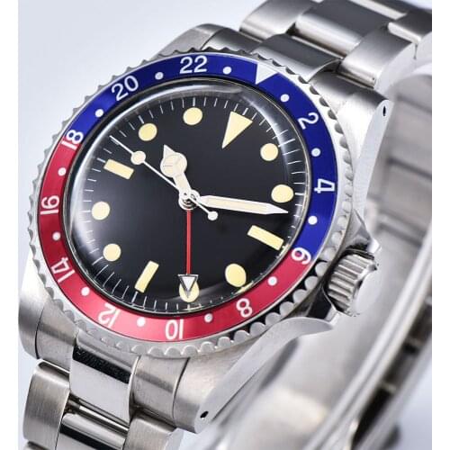 Watch GMT Mens Automatic Luminous Hand Steel Shell Movement 40mm Red Blue Aluminum Bezel Brushed Bracelet 1021
