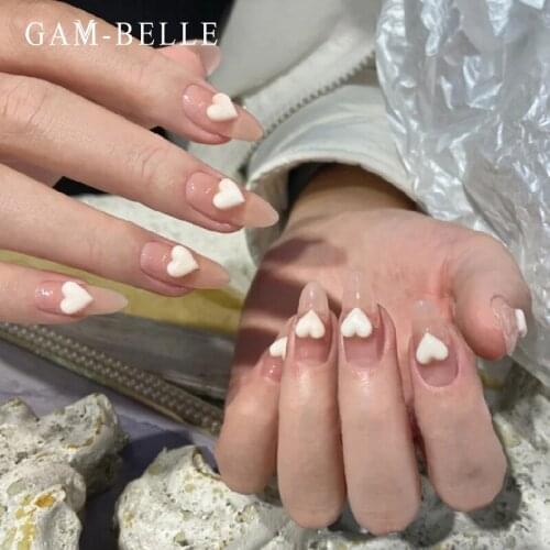 GAM-BELLE Sweet 3D Heart Designs False Nails French Nude Long Ellipse Full Fake Press On Nails DIY Manicure Beauty Nail Art Tool