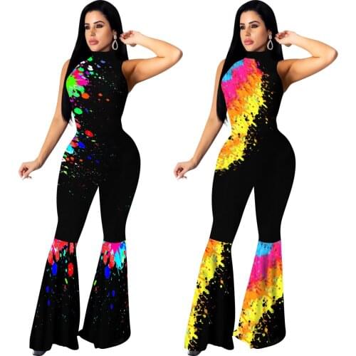 Sexy Turtleneck Sleeveless Jumpsuit Woman Long Flare Bottom Pants Fashion Printed Overalls Women Summer Fall Club Clothing 2020
