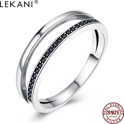 LEKANI Women Rings 925 Sterling Silver Simple Black Cubic Zirconia Double Personality Vintage Ring Fine Jewelry New Arrival