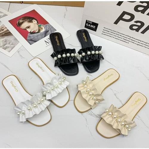 Fashion Ruffles String Bead Plus Size Slippers Women Summer Fashion Women Flat Heel Anti Skidding Beach Shoes Sandals Slippers