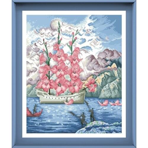 Flower boat counted cross-stitch kit embroidery needlework 18ct 14ct 11ct white cloth DIY handmade needlework