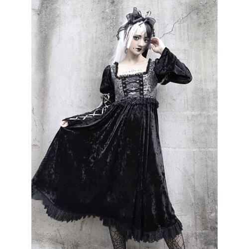 Original Design Gothic Dragon Embroidery Velvet Autumn Dress Puff Sleeve Square collar Lace-up Mid Long Dress Black