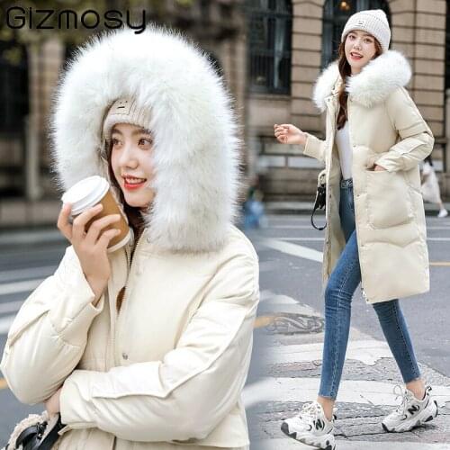 Gizmosy Long Winter Jacket With Big Fur Collar Thick Parkas Women 2021 Winter Big Pocket Casual Parkas Female Warm Snow Outwear