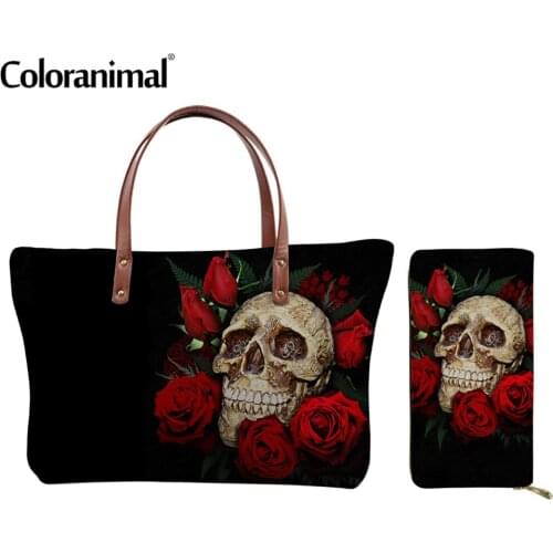Coloranimal Luxury Skull and Flower Pattern Ladies Handbags Large Storage Crossbody Bags 2Pcs Tote Shoulder Bags for Women 2020
