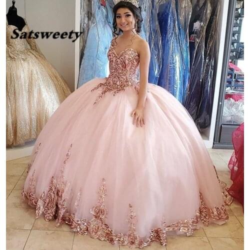 Rose Gold Lace Quinceanera Dresses Ball Gown Prom Dress Sweet 16 Dress For 15 Years Corset Dress Pageant Gown Plus Size