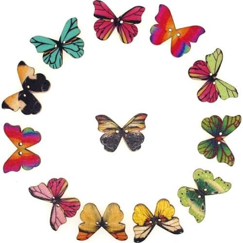 SHINE 30PCs Wooden Sewing Buttons Scrapbooking Butterfly Mixed Two Holes Pattern 28x20mm Costura Botones bottoni botoes