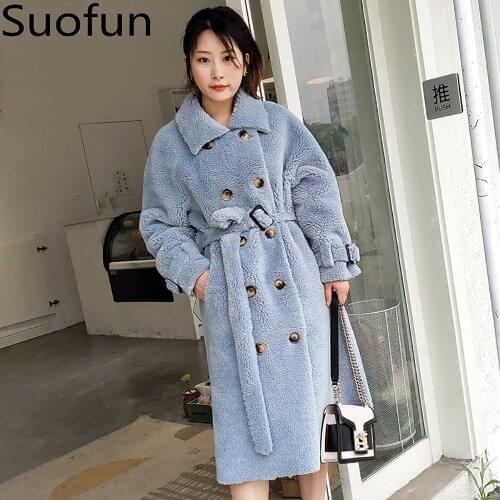 Suofun Red Wool Faux Fur Sashes Turn-down Collar Double Breasted Long Blue 2021 Fashion Winter Warm New Plus Size Women Fur Coat