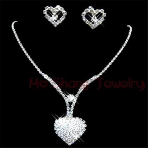 Bridal Rhinestone Heart Pendant Silver Plated Wedding Accessories Drop Earrings Necklace for Bridal Jewelry Sets Wholesale