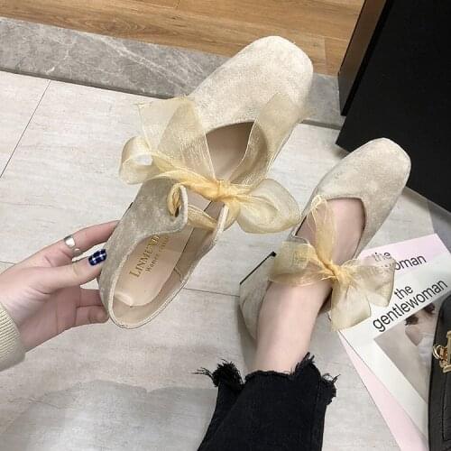 Spring new square head shallow mouth ribbon bow single shoes female middle with thick with Mary Jane set foot shoes