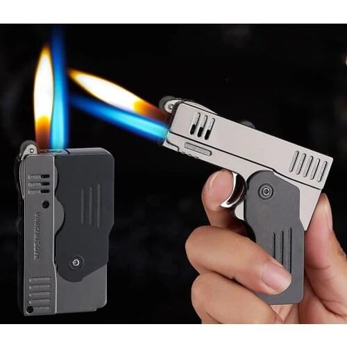 Windproof Butane Gas Lighter Personalized Double Fire Deformation Pistol Torch Grinding Wheel Cigar Lighter Cigar Accessories Sm