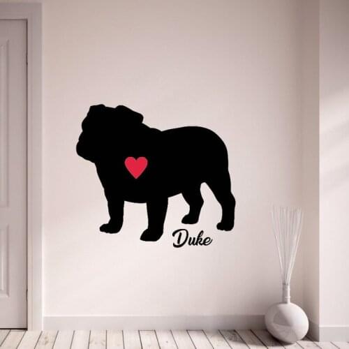 Bulldog Wall Decals Personalized Custom Your Dogs Name Vinyl Stickers With Red Heart Art Mural Pets Shop Interior Decor M909