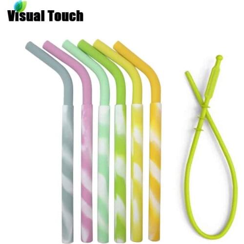 Visual Touch Striped Reusable Juice Coffee Drinking Straw Silicone Bent Straw with Cleaner Brush Mugs Bar Pub Party Accessories