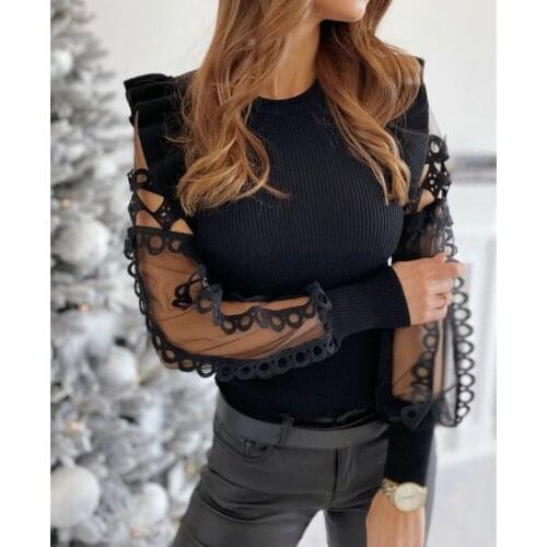 Womens Tshirts Casual Solid Color Lace Tops Long Sleeves Chiffon Plus Size T-Shirt Loose Pullover O Neck Women Clothing Tunic