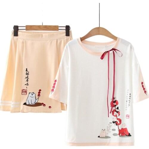Women 2021 Summer Two Piece Sets Skirt and Top Cartoon Print T Shirt Hight Waist Mini Pleated Skirts Womens Sweet Dress Sets