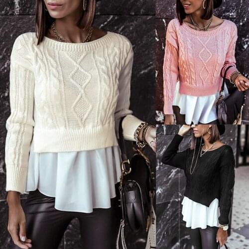 Chic Woman Sweaters Stitching Knitted Ruffle Sweater Spring Autumn Women Casual Round Neck Knitting Pullover Vestidos De Muje