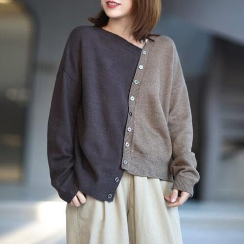 2021 Women Patchwork Sweaters Irregular Collar All-Match Button Spring Long Sleeve Female Knitted Pullover Sweaters