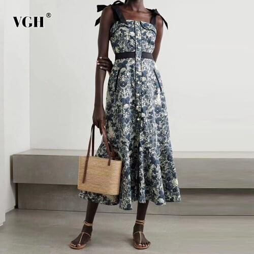 VGH Vintage Print Dress For Women Square Collar Sleeveless High Waist Patchwork Lace Up Hit Color Midi Dresses Female Summer New