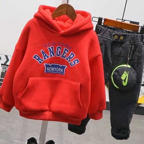 Winter Baby Boys Clothing Sets Casual Thicken Kids Warm Suit Fashion Letter Velvet Hoodies Thick Jeans 2 Pcs Set For Boys 3-8 Y