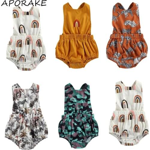 2021 0-24M Newborn Baby Boy Girl Playsuit Rainbow/Leopard/Animal Print Sleeveless Square Collar Backless Romper Summer One Piece