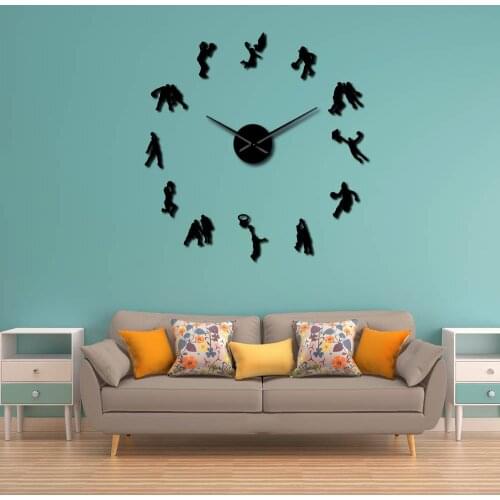 Basketball Game Sport Modern DIY Large Wall Clock Athlete Hoopster Slam Dunk Sign Boys Room Decor Big Time Clock Mirror Effect