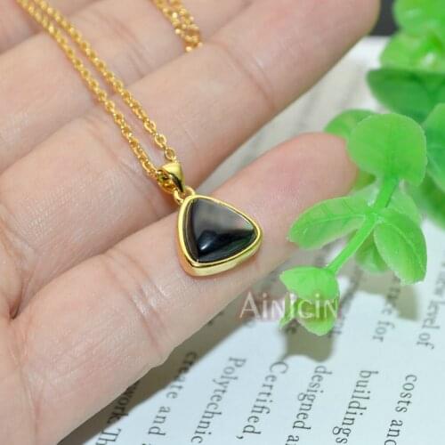 Natural Black Shell Red Agate Convex Triangle Shape Pendant Gold Plating Chain Necklace Fashion Girl Friend Gift Jewelry 5pcs