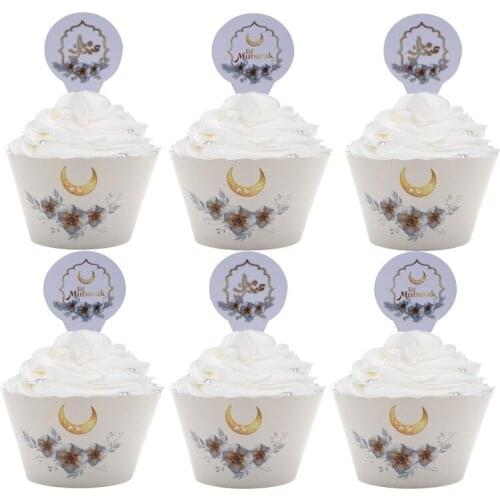 Chicinlife 12Set Eid Mubarak Cupcake Wrappers Topper Ramadan Hajj Mubarak Muslim Islamic Festival Party DIY Decoration Supplies