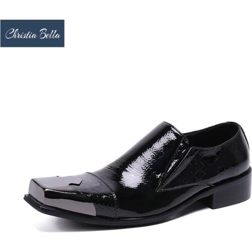Christia Bella British Handmade Men Real Leather Shoes Metal Square Toe Business Shoes Black Wedding Party Dress Shoes Big Size