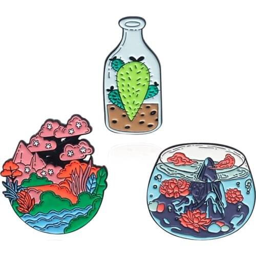 Ornamental Brooches Cactus in a bottle Enamel Pin tree Mountains and rivers scenery Circular aquarium Badge Lapel Pin