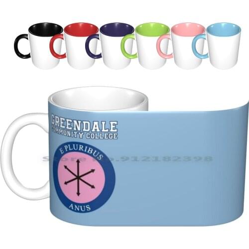 E Pluribus Anus Ceramic Mugs Coffee Cups Milk Tea Mug Community College Greendale Funny Logo Serie Series Tv Anus Joke Geek