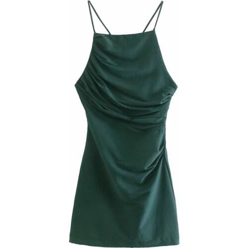 Summer Women Dark Green Folds Backless Streetwear Slim Mini Dress Female Vintage Dresses Office Lady Elegant Dress XS-L SA828