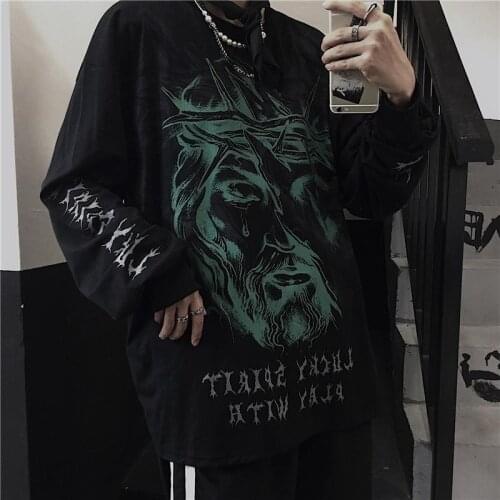 2021 Black High Street T Shirt Fashion Men T-shirt Casual Japan Tops Streetwear Cartoon Autumn Long Sleeve Gothic Shirts Male
