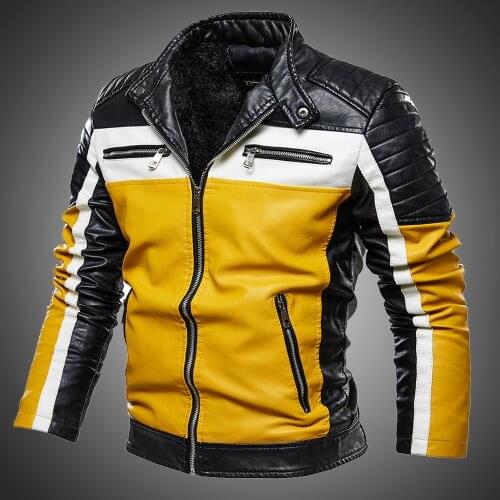 Men Yellow Leather Jacket Patchwork Biker Jacket Men Casual Zipper Coat Men Motorcycle Jacket Slim Fit Fur Lined Outwear Coat
