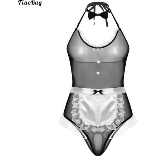 TiaoBug Men Maid See-Through Mesh Lingerie Suit Role Play Outfit Underwear Halter Backless Lace Trim Bodysuit With Apron Bow Tie