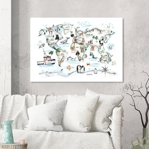 Woodland Animal World Map Poster Art Print Nursery Decoration, Watercolor Map Custom Name Children Room Mural Canvas Art