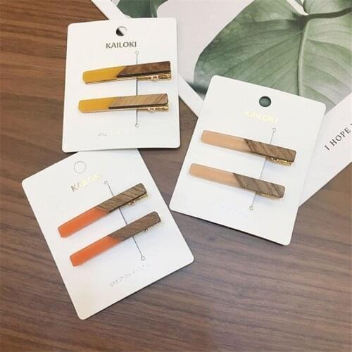 New 2pcs/set Women Girls Candy Color Patchwork Geometric Wood Acrylic Hair Clips Fashion Hollow Duckbill Clip Hair Barrettes