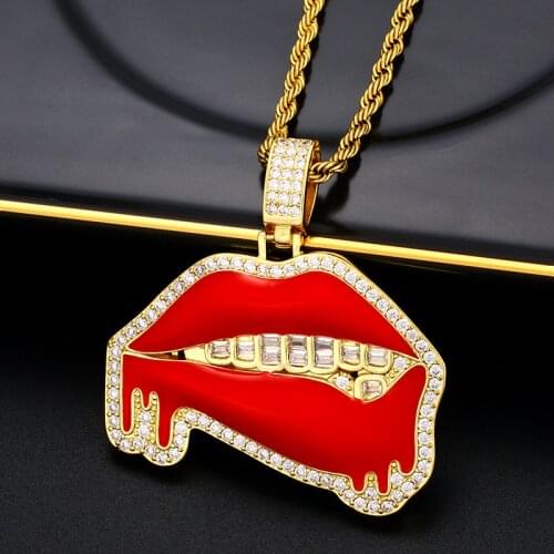 Hip Hop Red lips Dripping Pendant With Baguette Pave Gold Color High Quality Iced Out Pendant Gift