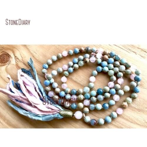 Hand Knotted 108 Mix Stone Beads Mala Necklace Aquamarines Rose Quartzs African Opal Long Sari Tassel Yoga Jewelry NM11091