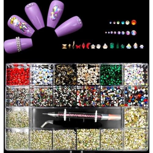 Y1UF 21 Grids Glass Nail Art Decorations Multi Shapes with Dual-ended Dotting Pen Tweezers Set DIY Nails Manicure Tool