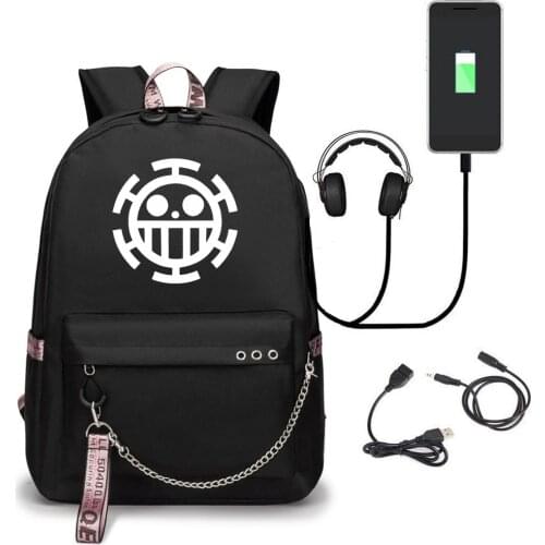 Trafalgar Law One Piece Skull White Beard Printed USB Backpack With Chain Headphone Port School Bags Mochila Travel Laptop Bags