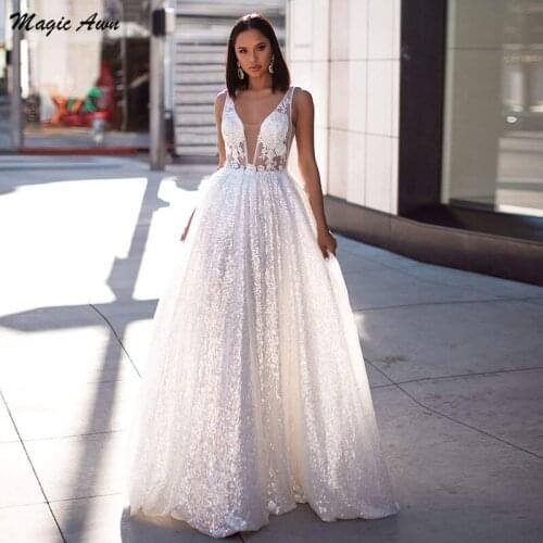 Magic Awn Sparkly Wedding Dresses Boho Lace Appliques Illusion Sequins Shiny Mariage Gowns A-Line Beach Princess Abito Da Sposa