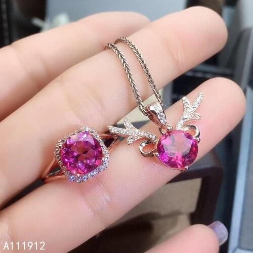 KJJEAXCMY fine jewelry natural pink topaz 925 sterling silver women pendant necklace chain ring set support test noble
