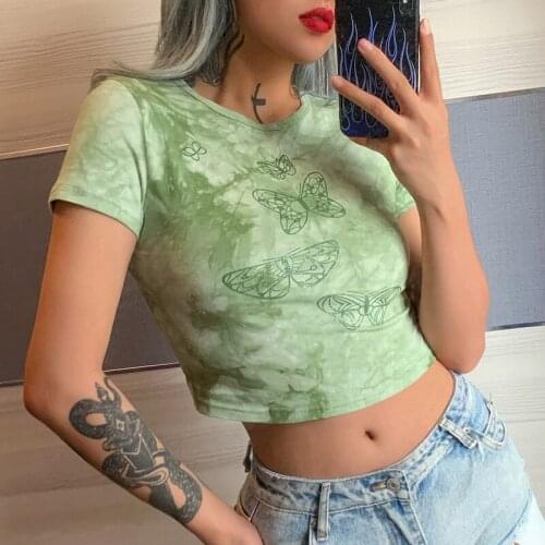 Tie Dye Butterfly Print Woman Tshirts 2021 Summer Harajuku Basic Casual Graphic Tee Fashion Green Skinny Short Sleeve Y2k Tops