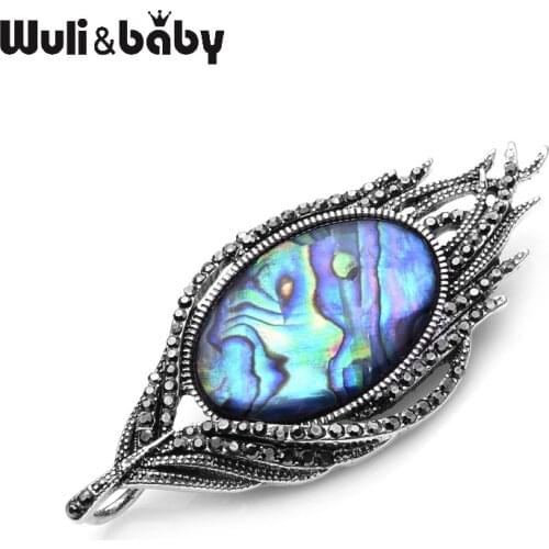 Wuli&Baby Natural Abalone Feather Brooches For Women Alloy Metal Big Piece of Shell Brooch Pins Vintage Jewelry Accessories