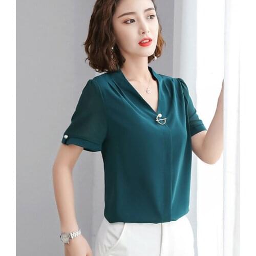 Women Spring Summer Style Chiffon Blouses Shirts Lady Casual Turn-down Collar Short Sleeve Blusas Tops ZZ0454