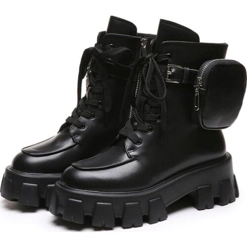 Womens Pocket Boot Lace Up Ladies Ankle Boots Female Combat Runway Buckle Strap Ankle Boot Woman Platform Shoes Fashion