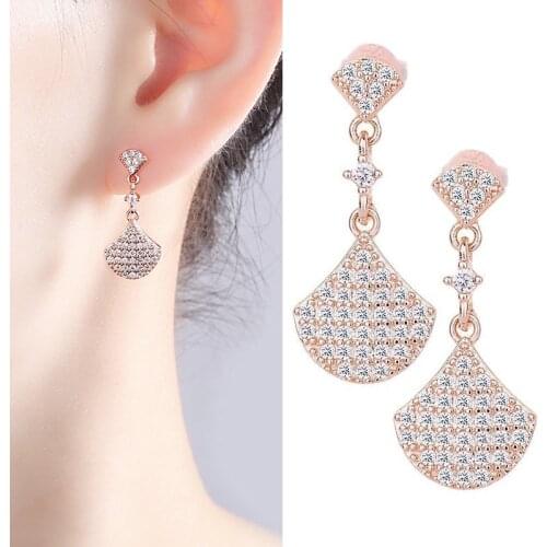Womens Fashion Fan Shape Drop Earrings Shiny Micro Crystal Paved Luxury Rose Gold Charm Dangle Earring Piercing Stud Jewelry