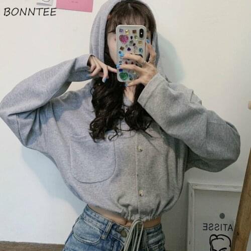 Hoodies Women Autumn Hooded Single Breasted Adjustable Solid Pocket Drop-shoulder Short Tops Casual Chic Korean Style Loose New