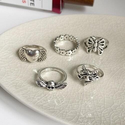 2021 Trend Silver Plated Angel Wings Ring for Womens Gothic Punk Steampunk Heart Butterfly Skull Ring Sets Party Vintage Jewelry